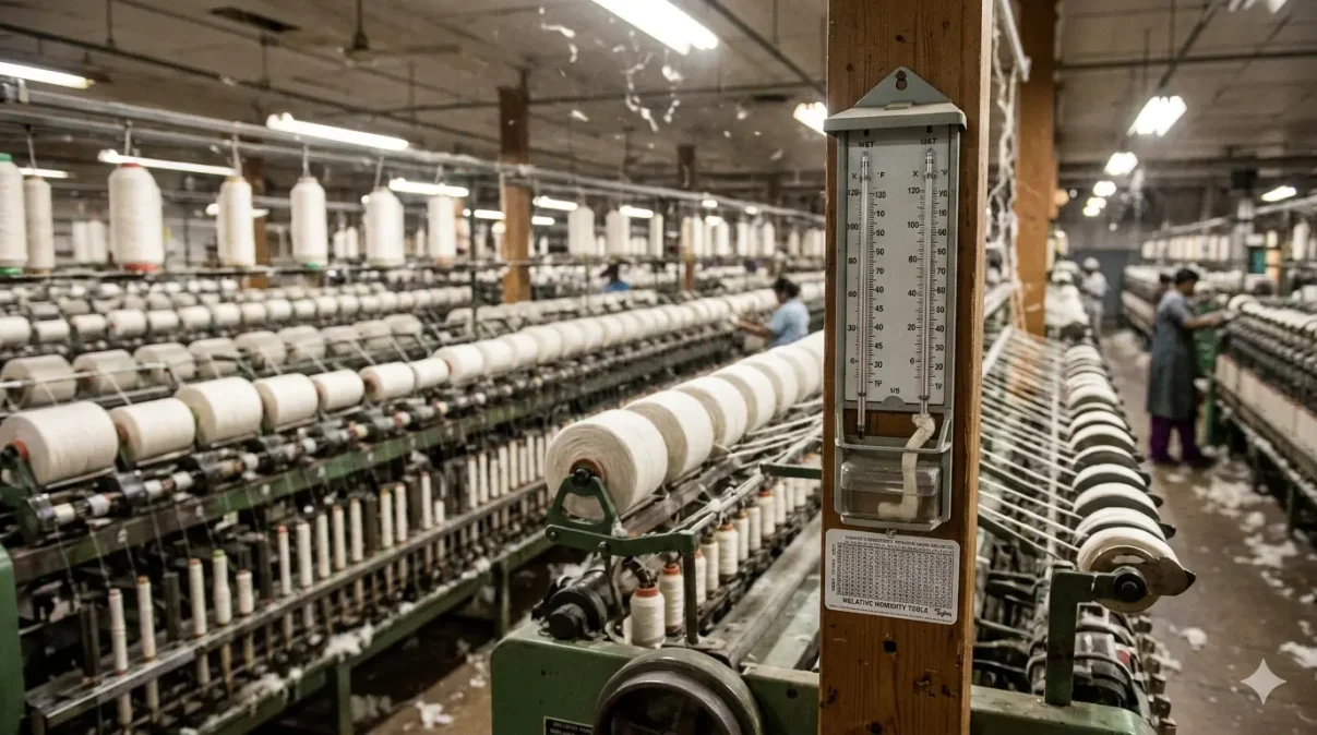 A wet bulb and dry bulb hygrometer used for measuring humidity in a spinning mill~Moisture, Regain, and Atmospheric Standards in Textiles~ইনফরমেশন বাংলা ডটকম~informationbangla.com