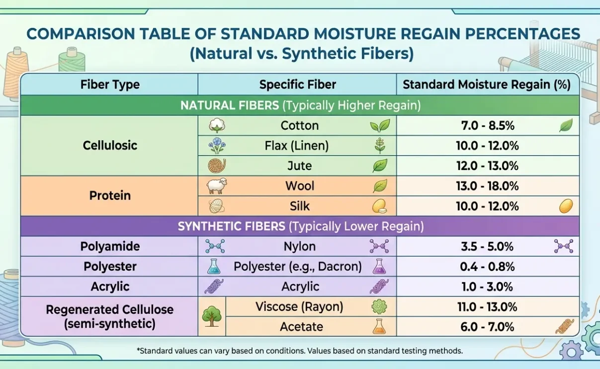 Comparison table of standard moisture regain percentages for natural and synthetic fibers~Moisture, Regain, and Atmospheric Standards in Textiles~ইনফরমেশন বাংলা ডটকম~informationbangla.com