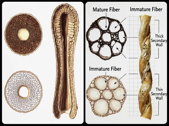 Cotton fiber maturity vs immature fiber cell wall diagram~Cotton Fiber Properties, Quality Testing, and Identification~ইনফরমেশন বাংলা ডটকম~informationbangla.com