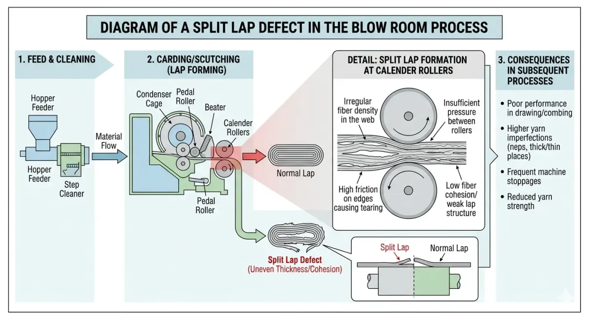 Diagram showing a split lap defect in the blow room process~Common Faults in Yarn and Spinning Processes~ইনফরমেশন বাংলা ডটকম~Information Bangla Dotcom