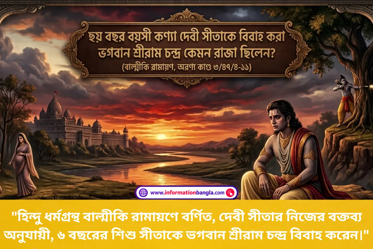ছয় বছর বয়সী কন্যা দেবী সীতাকে বিবাহ করা শ্রীরাম কেমন রাজা ছিলেন, রামায়ণ, অরণ্য কাণ্ড ৩,৪৭,৪-১১~ছয় বছর বয়সী কন্যা দেবী সীতাকে বিবাহ করা ভগবান শ্রীরাম চন্দ্র কেমন রাজা ছিলেন? (বাল্মীকি রামায়ণ, অরণ্য কাণ্ড ৩/৪৭/৪-১১)~InformationBangla.com~ইনফরমেশন বাংলা ডটকম