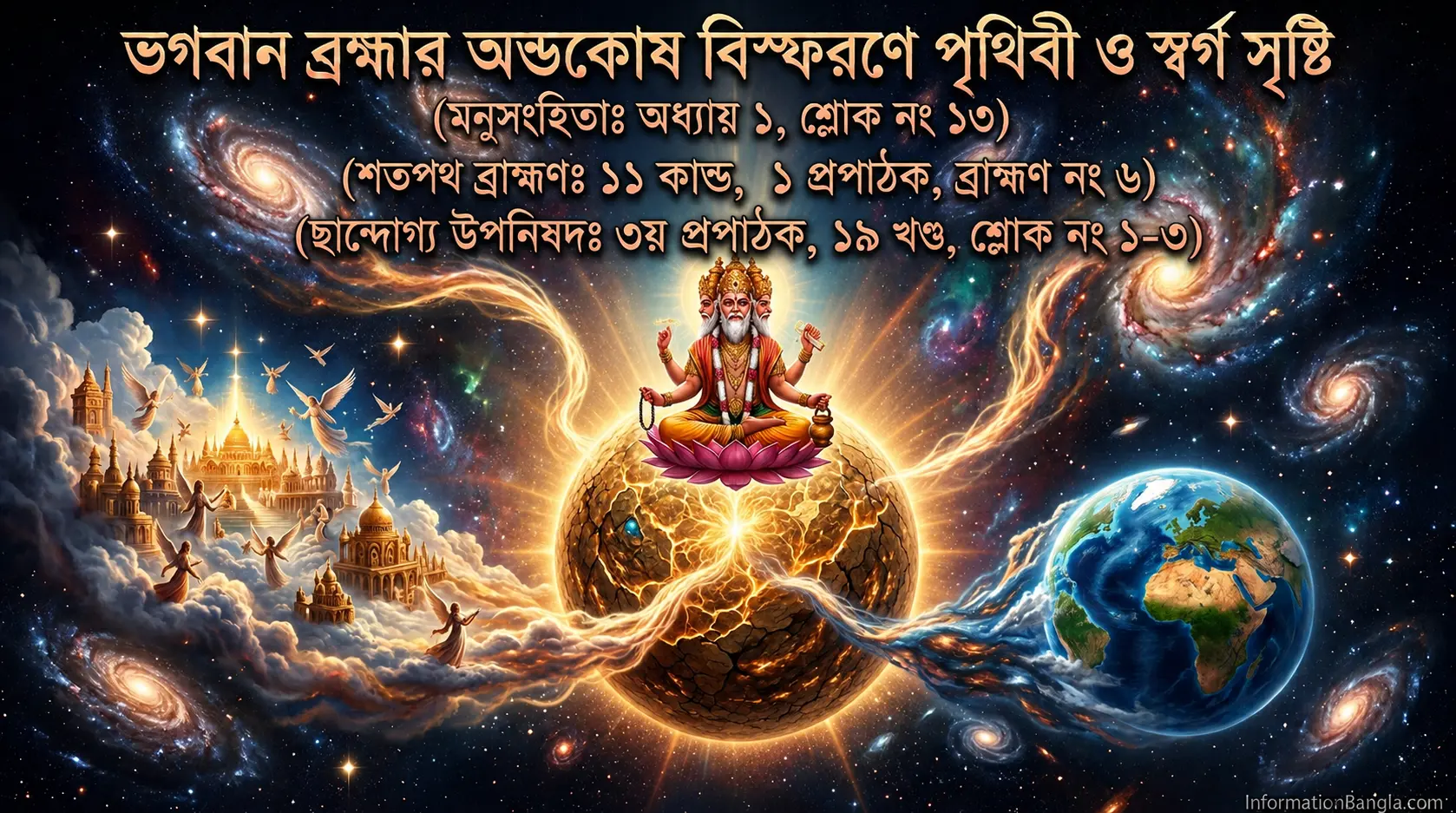 ভগবান ব্রহ্মার অন্ডকোষ বিস্ফরণে পৃথিবী ও স্বর্গ সৃষ্টি (মনুসংহিতাঃ অধ্যায় ১, শ্লোক নং ১৩)~ভগবান ব্রহ্মার অন্ডকোষ বিস্ফরণে পৃথিবী ও স্বর্গ সৃষ্টি (মনুসংহিতাঃ অধ্যায় ১, শ্লোক নং ১৩) শতপথ ব্রাহ্মণঃ ১১ কাণ্ড, ১ প্রপাঠক, ব্রাহ্মণ নং ৬) (ছান্দোগ্য উপনিষদঃ ৩য় প্রপাঠক, ১৯ খণ্ড, ১-৩ শ্লোক)~InformationBangla.com~ইনফরমেশন বাংলা ডটকম