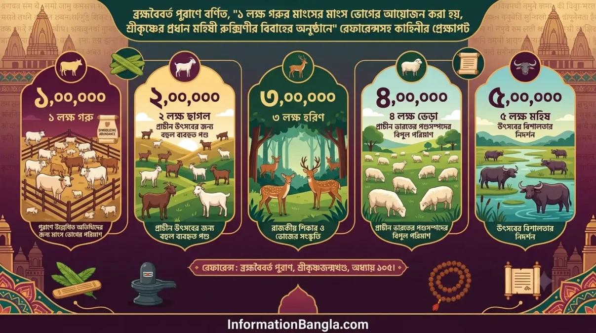 পুরাণে বর্ণিত, ১ লক্ষ গরুর মাংসের ভোগের আয়োজন করা হয়, শ্রীকৃষ্ণের মহিষী রুক্মিণীর বিবাহে~ব্রহ্মবৈবর্ত পুরাণে বর্ণিত, "১ লক্ষ গরুর মাংসের মাংস ভোগের আয়োজন করা হয়, শ্রীকৃষ্ণের প্রধান মহিষী রুক্মিণীর বিবাহের অনুষ্ঠানে" রেফারেন্সসহ কাহিনীর প্রেক্ষাপট~InformationBangla.com~ইনফরমেশন বাংলা ডটকম