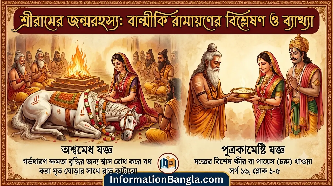 রামের মা কৌশল্যার গর্ভধারণ ক্ষমতা বৃদ্ধির জন্য শ্বাস রোধ করে বধ করা ঘোড়ার সাথে রাত কাটানো~রামায়ণের বালকাণ্ড অনুযায়ী, "শ্রীরামের মা কৌশল্যার গর্ভধারণ ক্ষমতা বৃদ্ধির জন্য শ্বাস রোধ করে বধ করা মৃত ঘোড়ার সাথে রাত কাটানো এবং যজ্ঞের বিশেষ ক্ষীর বা পায়েস (চরু) খেয়ে গর্ভধারণের মাধ্যমে শ্রীরামের জন্ম দিয়েছিলেন।" তার বর্ণনা ও ব্যাখ্যা~InformationBangla.com~ইনফরমেশন বাংলা ডটকম