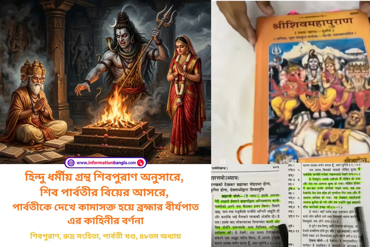 শিব পার্বতীর বিয়ের আসরে, পার্বতীকে দেখে কামাসক্ত হয়ে ব্রহ্মার বীর্যপাত এর কাহিনীর বর্ণনা~হিন্দু ধর্মীয় গ্রন্থ শিবপুরাণ অনুসারে, শিব পার্বতীর বিয়ের আসরে, পার্বতীকে দেখে কামাসক্ত হয়ে ব্রহ্মার বীর্যপাত এর কাহিনীর বর্ণনা~InformationBangla.com~ইনফরমেশন বাংলা ডটকম